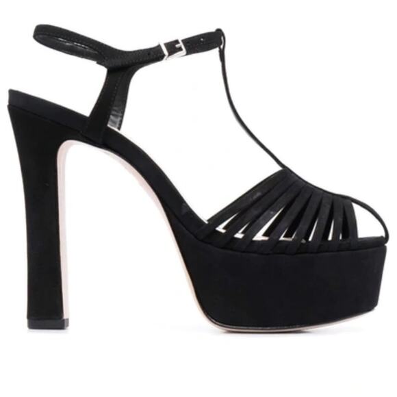 Schutz Roxi Nubuck T-strap Platform Sandals In Black - Picture 1 of 16
